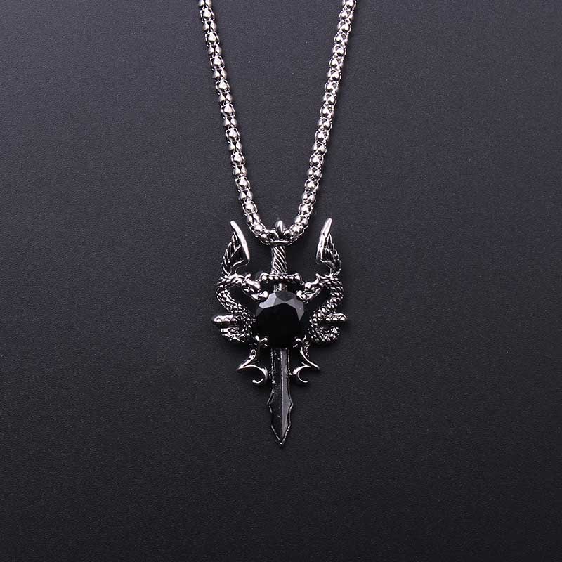 Men'S Accessories Jewelry - Double Dragon Black Gem Cross Necklace